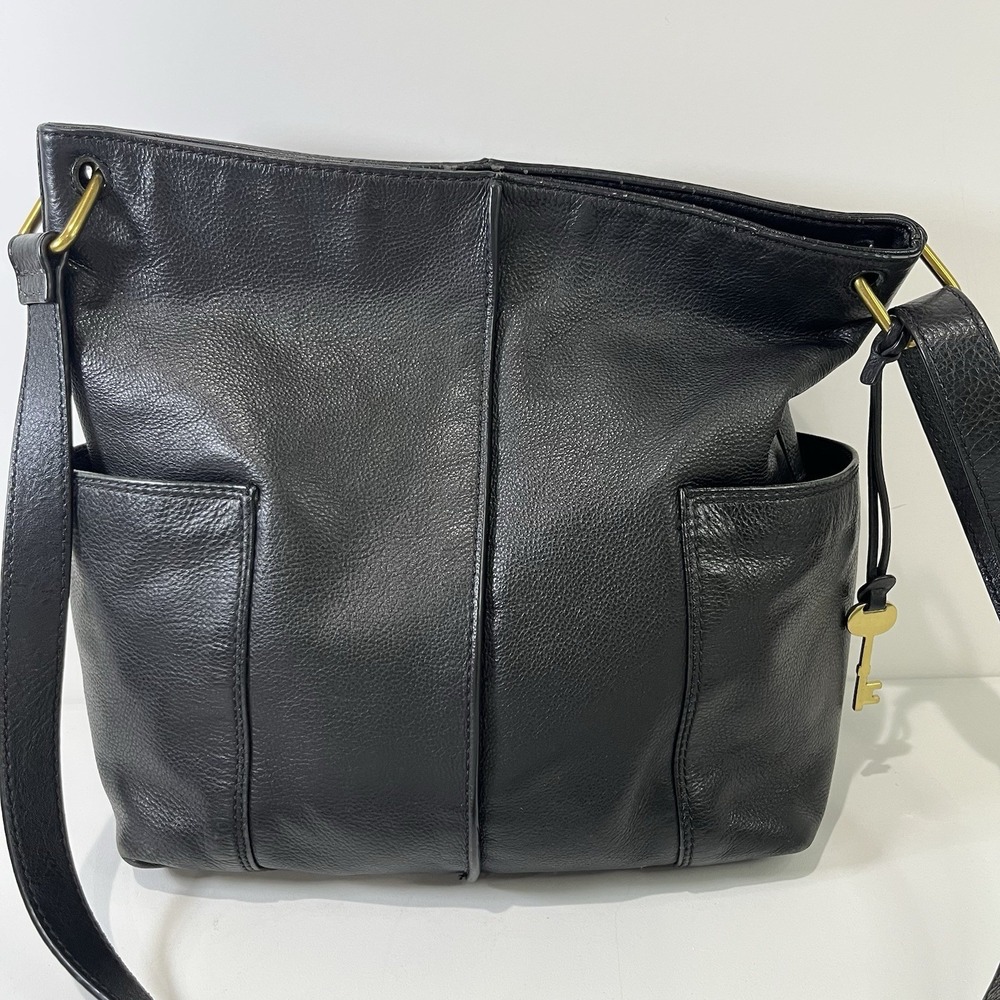 Fossil Lane North South Black Pebbled Leather Hobo HandBag‎ Purse Buttery Soft